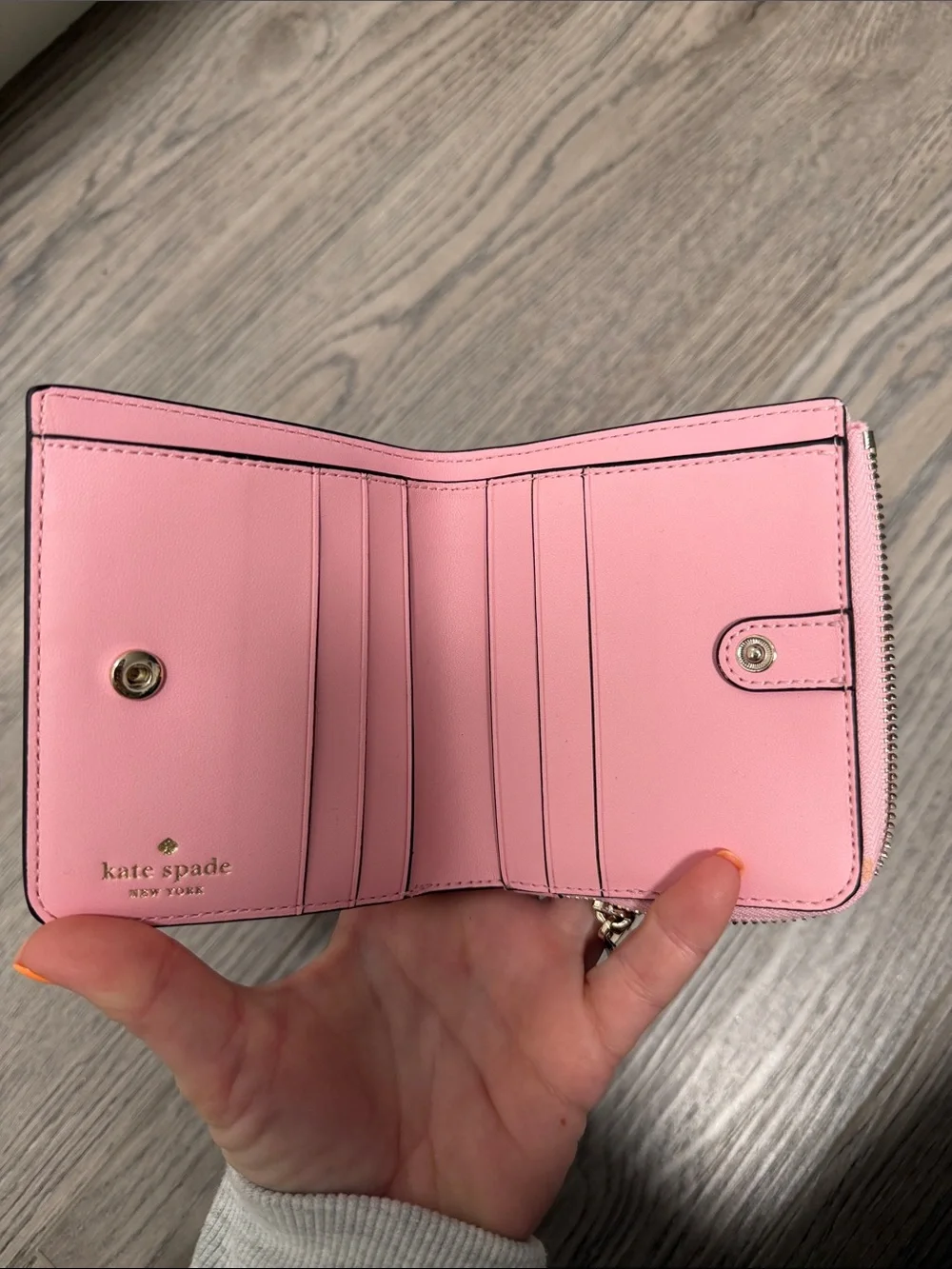 kate spade Pink Compact Zip Wallet with Gold Logo